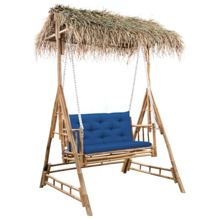 vidaXL Banco columpio de 2 plazas hojas de palma y cojín bambú 202 cm