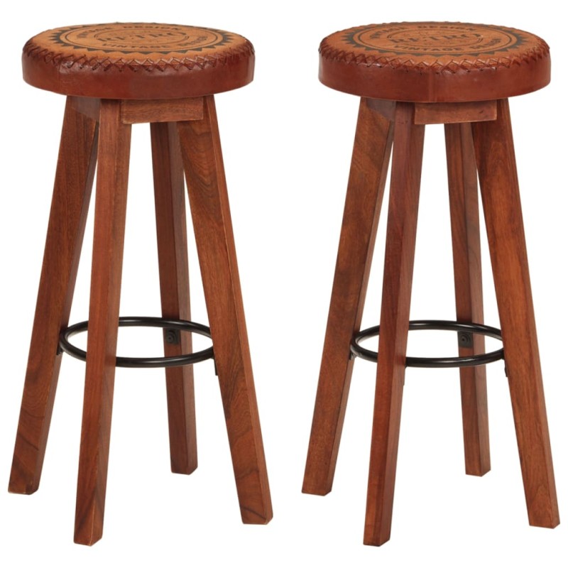 vidaXL Taburetes de cocina 2 uds cuero auténtico madera maciza acacia vidaXL Taburetes de cocina 2 uds cuero auténtico madera maciza acacia