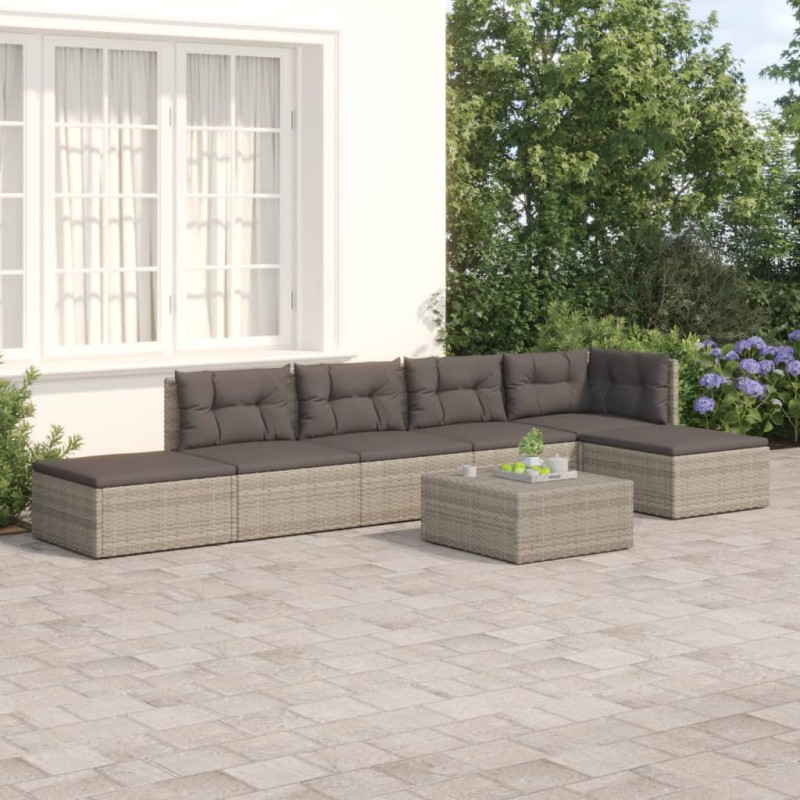 vidaXL Set de muebles de jardín 6 pzas y cojines ratán sintético gris vidaXL Set de muebles de jardín 6 pzas y cojines ratán sintético gris
