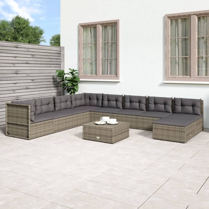 vidaXL Set de muebles de jardín 9 pzas y cojines ratán sintético gris vidaXL Set de muebles de jardín 9 pzas y cojines ratán sintético gris