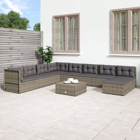 vidaXL Set de muebles de jardín 9 pzas y cojines ratán sintético gris