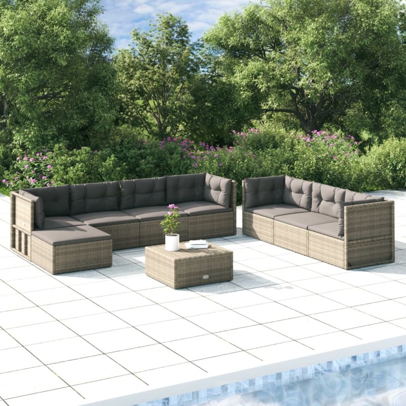 vidaXL Set de muebles de jardín 8 pzas y cojines ratán sintético gris vidaXL Set de muebles de jardín 8 pzas y cojines ratán sintético gris