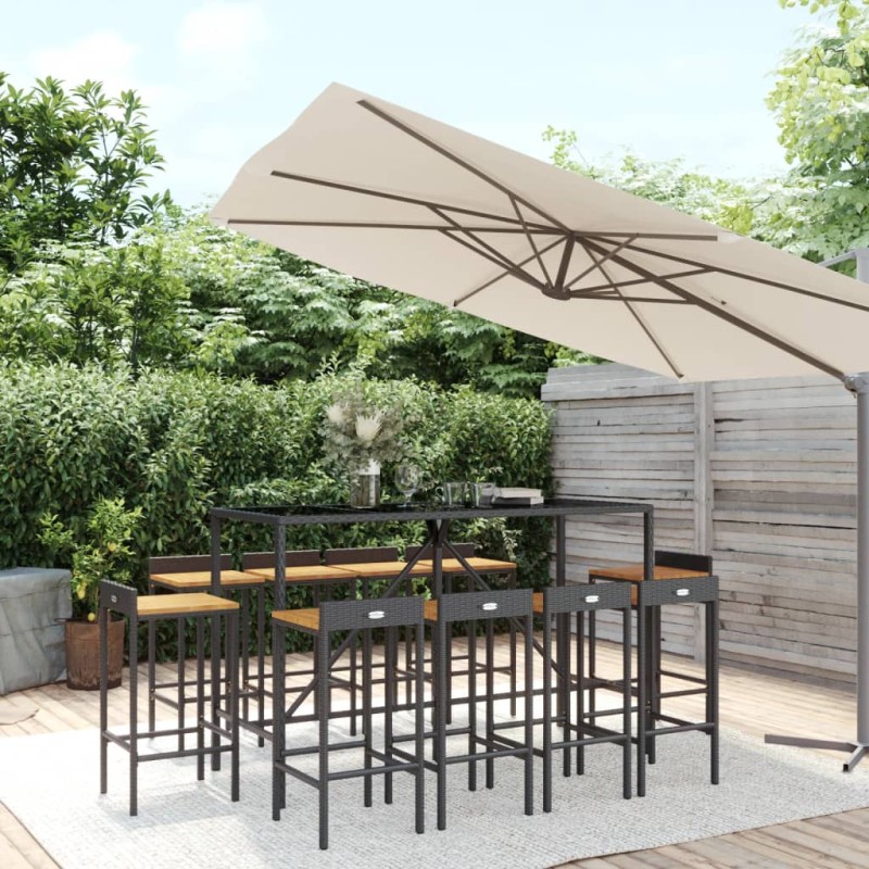 vidaXL Mesa y taburetes altos jardín 11 pzas madera y ratán PE negro vidaXL Mesa y taburetes altos jardín 11 pzas madera y ratán PE negro