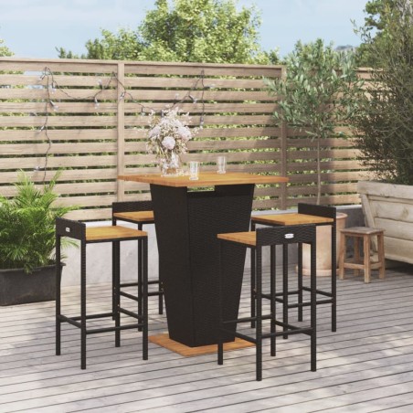 vidaXL Mesa bar y taburetes jardín 5 pzas madera acacia ratán PE negro
