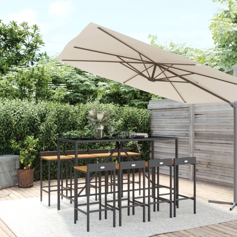 vidaXL Mesa bar y taburetes jardín 9 pzas madera acacia ratán PE negro vidaXL Mesa bar y taburetes jardín 9 pzas madera acacia ratán PE negro