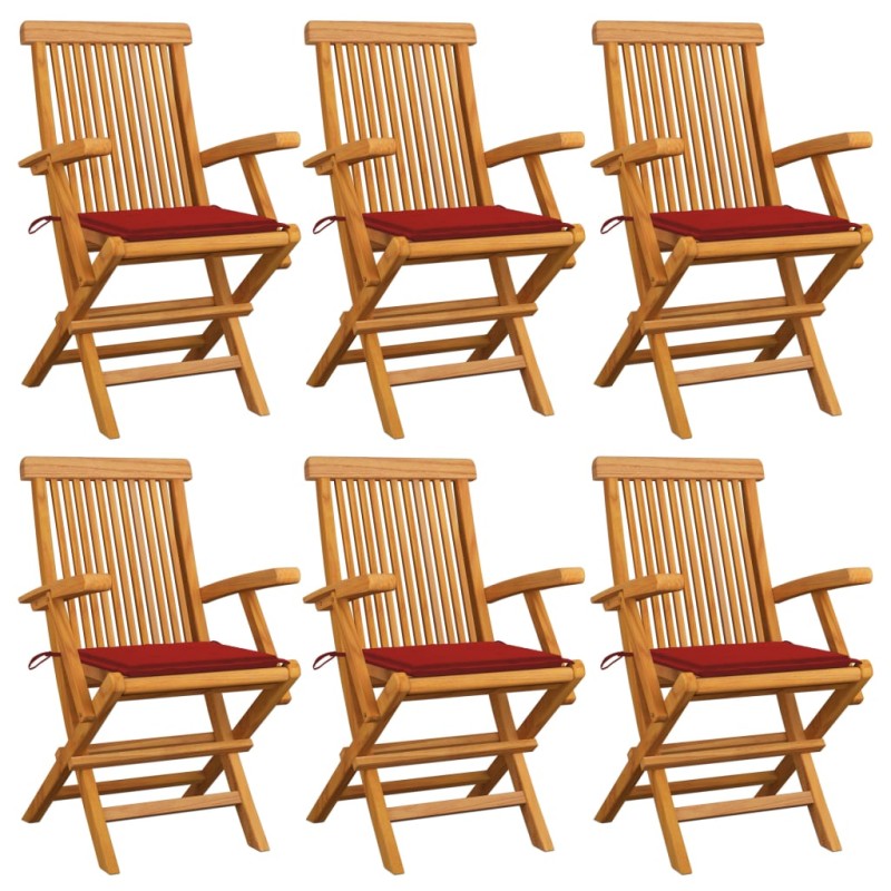 vidaXL Sillas de jardín 6 uds madera maciza de teca con cojines rojos vidaXL Sillas de jardín 6 uds madera maciza de teca con cojines rojos