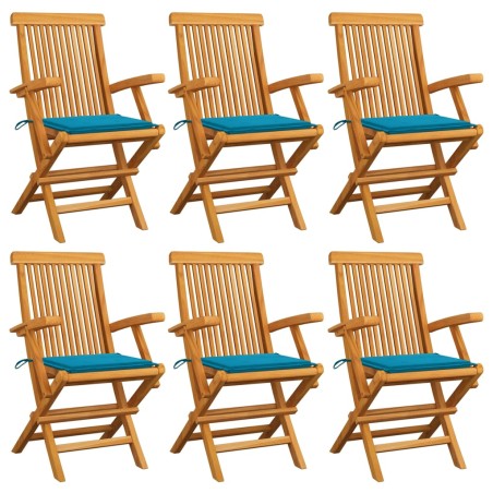 vidaXL Sillas de jardín 6 uds madera maciza de teca con cojines azules