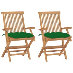 vidaXL Sillas de jardín 2 uds madera maciza de teca con cojines verdes