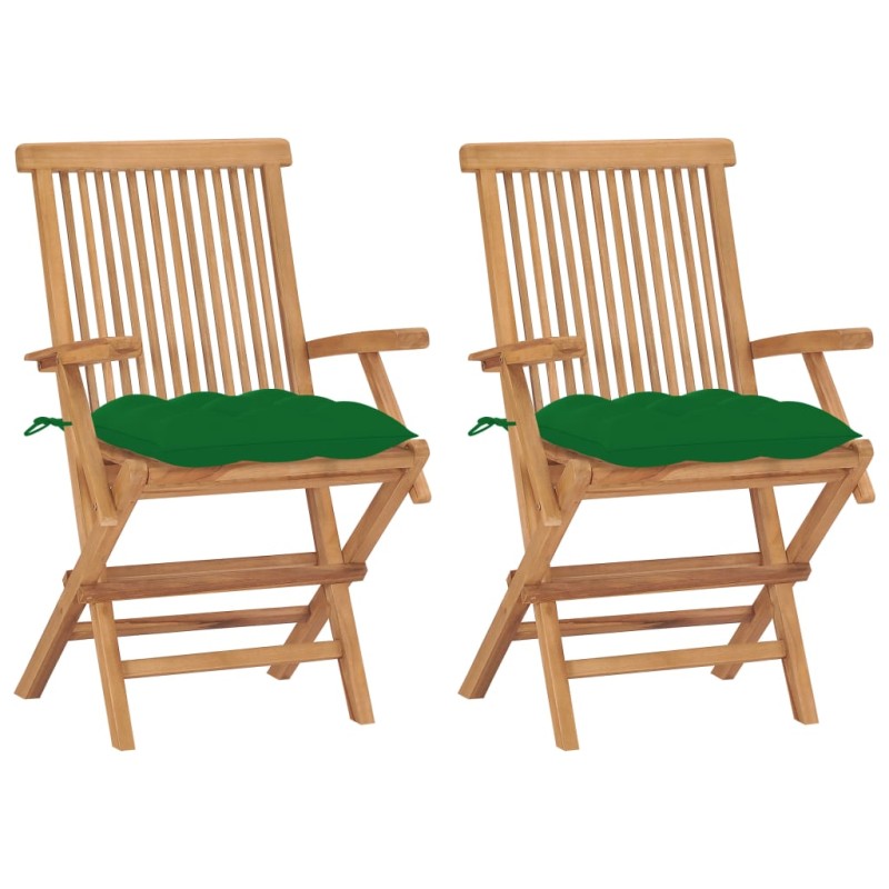 vidaXL Sillas de jardín 2 uds madera maciza de teca con cojines verdes vidaXL Sillas de jardín 2 uds madera maciza de teca con cojines verdes