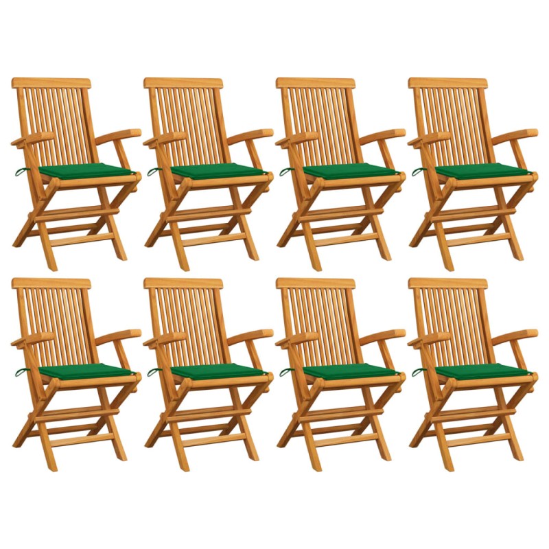 vidaXL Sillas de jardín 8 uds madera maciza de teca con cojines verdes vidaXL Sillas de jardín 8 uds madera maciza de teca con cojines verdes