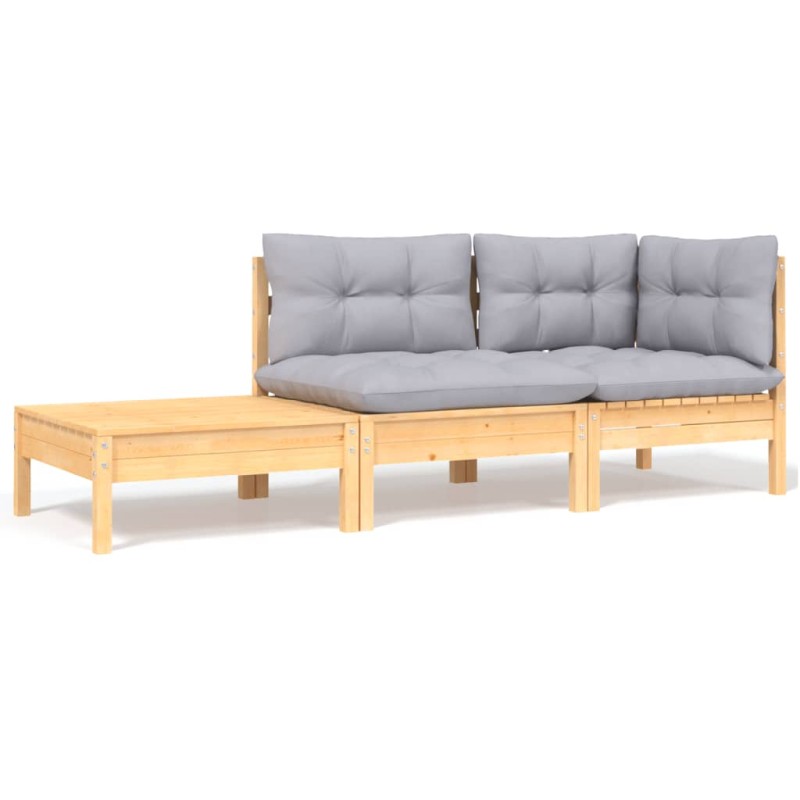 vidaXL Juego muebles jardín 3 pzas con cojines gris madera pino maciza vidaXL Juego muebles jardín 3 pzas con cojines gris madera pino maciza
