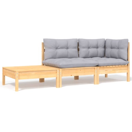 vidaXL Juego muebles jardín 3 pzas con cojines gris madera pino maciza