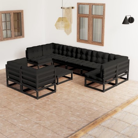 vidaXL Set de muebles de jardín 10 pzas con cojines madera pino negro