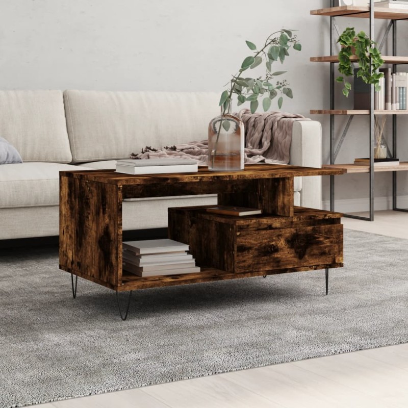vidaXL Mesa de centro madera contrachapada roble ahumado 90x49x45 cm vidaXL Mesa de centro madera contrachapada roble ahumado 90x49x45 cm