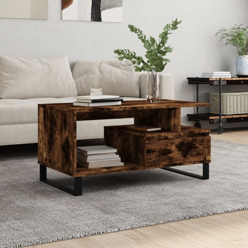 vidaXL Mesa de centro madera contrachapada roble ahumado 90x49x45 cm vidaXL Mesa de centro madera contrachapada roble ahumado 90x49x45 cm