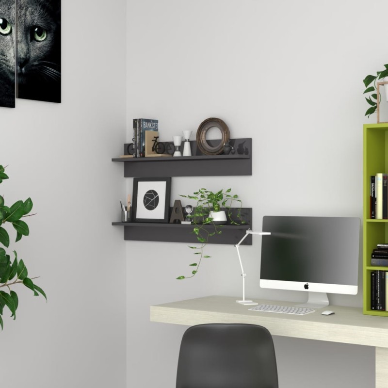 vidaXL Estante de pared 2 uds contrachapado gris brillo 80x11,5x18 cm vidaXL Estante de pared 2 uds contrachapado gris brillo 80x11,5x18 cm