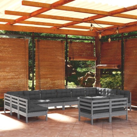 vidaXL Muebles de jardín 12 pzas y cojines gris madera maciza de pino