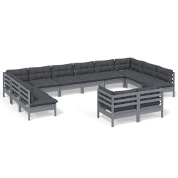 vidaXL Muebles de jardín 12 pzas y cojines gris madera maciza de pino