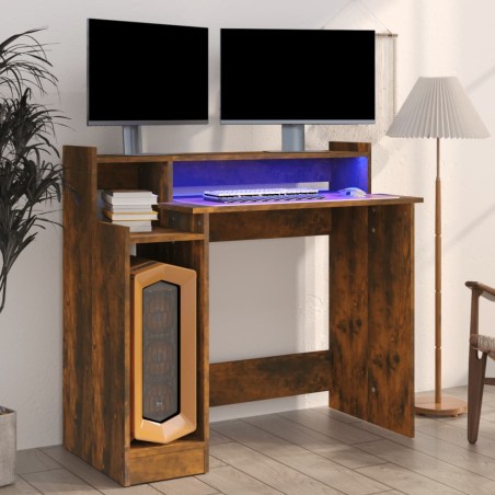 vidaXL Escritorio con LED madera ingeniería roble ahumado 97x45x90 cm