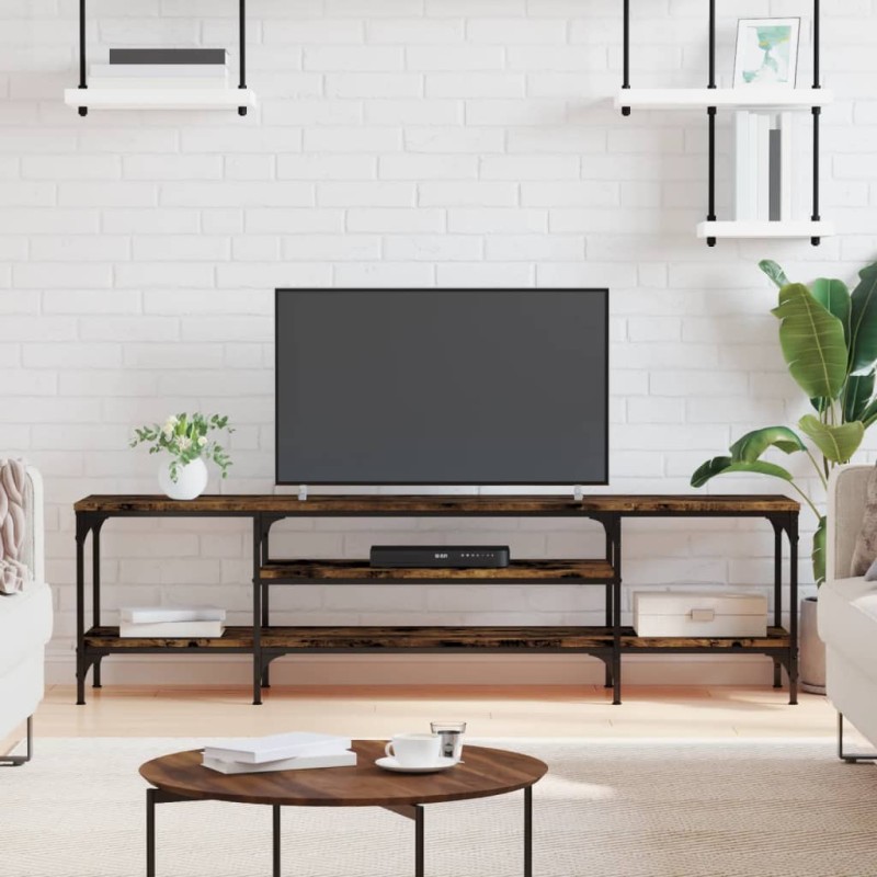 vidaXL Mueble TV hierro madera contrachapada roble ahumado 161x35x45cm vidaXL Mueble TV hierro madera contrachapada roble ahumado 161x35x45cm