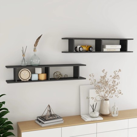 vidaXL Estante de pared 2 uds contrachapado gris brillante 105x18x20cm