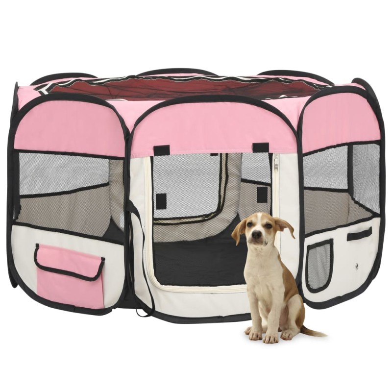 vidaXL Parque de perros plegable y bolsa transporte rosa 110x110x58cm vidaXL Parque de perros plegable y bolsa transporte rosa 110x110x58cm