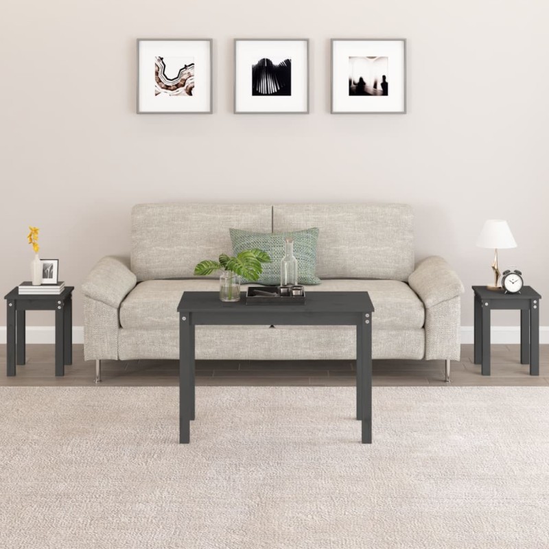 vidaXL Mesas apilables 3 piezas madera maciza de pino gris vidaXL Mesas apilables 3 piezas madera maciza de pino gris