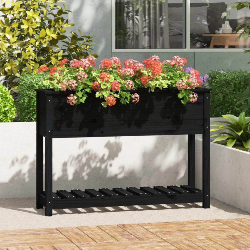 vidaXL Jardinera con estante madera maciza pino negro 111,5x34,5x81 cm vidaXL Jardinera con estante madera maciza pino negro 111,5x34,5x81 cm