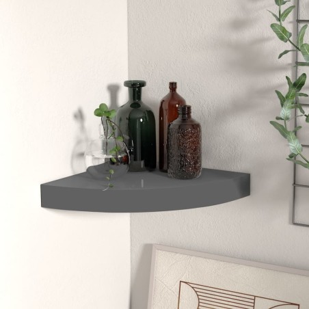 vidaXL Estante flotante de esquina gris con brillo MDF 25x25x3,8 cm