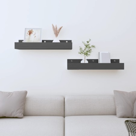 vidaXL Estantes de pared 2 uds madera maciza de pino gris 50x12x9 cm