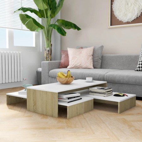 vidaXL Mesas de centro apilables blanco y roble Sonoma 100x100x26,5 cm