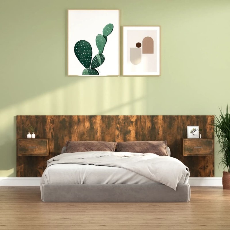 vidaXL Cabecero de cama y mesitas madera contrachapada roble ahumado vidaXL Cabecero de cama y mesitas madera contrachapada roble ahumado