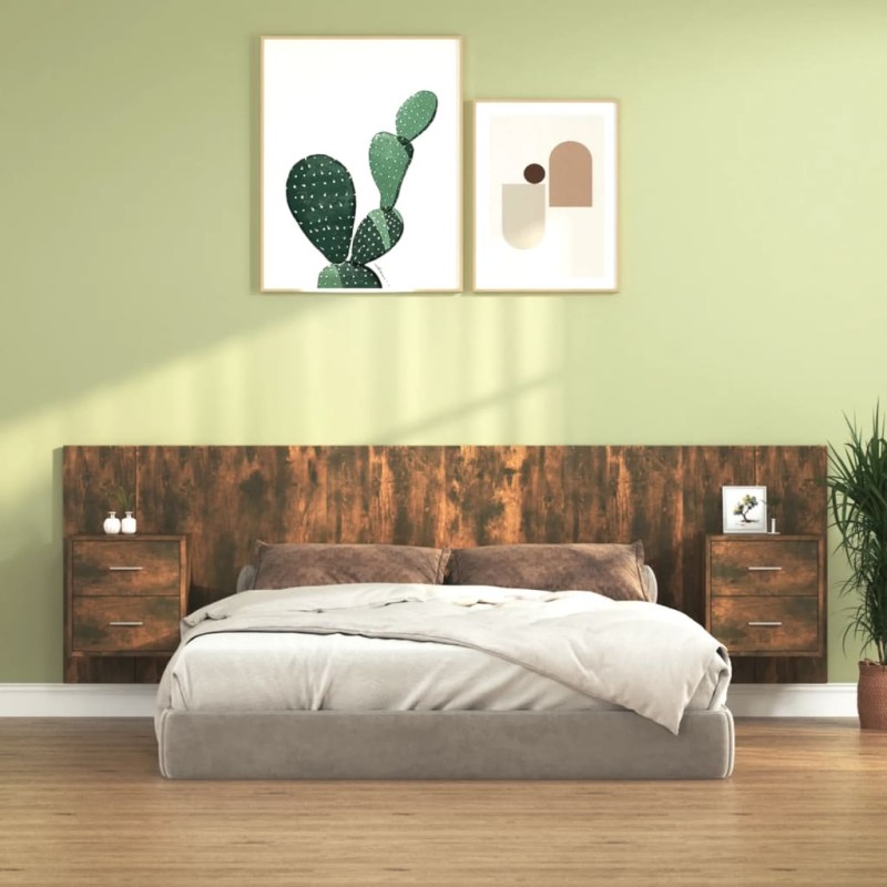 vidaXL Cabecero de cama y mesitas madera contrachapada roble ahumado vidaXL Cabecero de cama y mesitas madera contrachapada roble ahumado