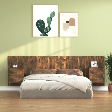 vidaXL Cabecero de cama y mesitas madera contrachapada roble ahumado