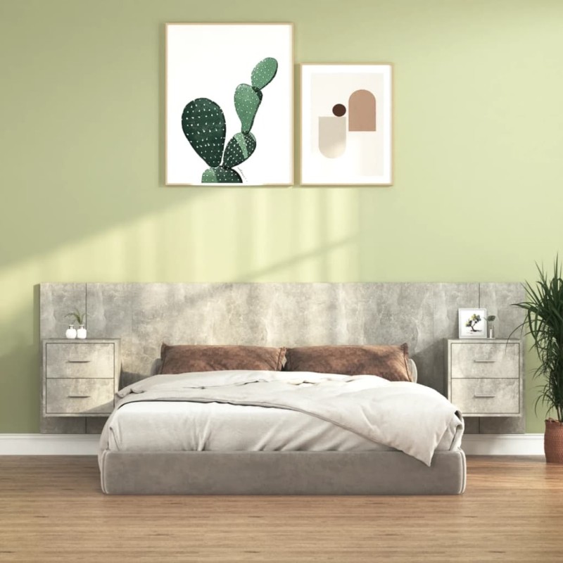 vidaXL Cabecero de cama y mesitas madera contrachapada gris hormigón