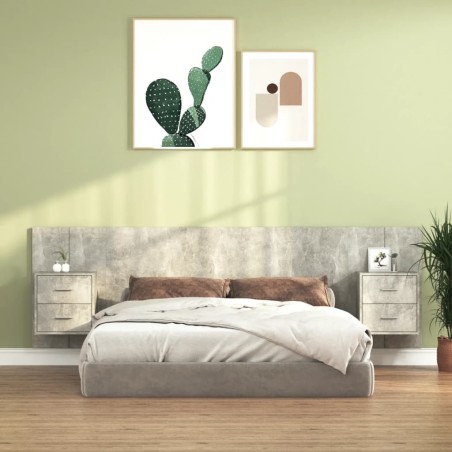 vidaXL Cabecero de cama y mesitas madera contrachapada gris hormigón