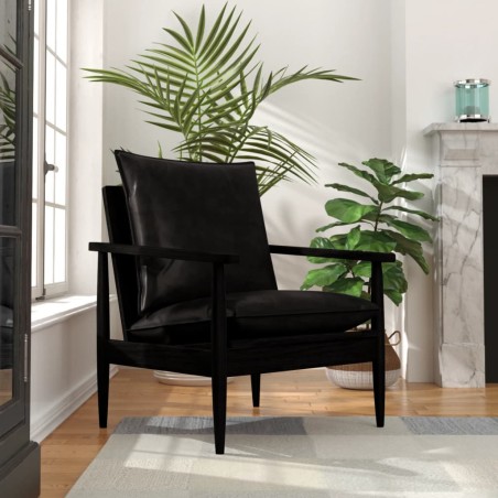 vidaXL Sillón de cuero auténtico negro con madera de acacia