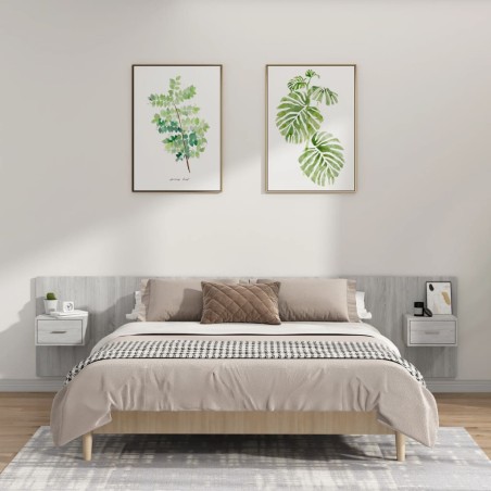 vidaXL Cabecero de cama y mesitas madera contrachapada gris hormigón