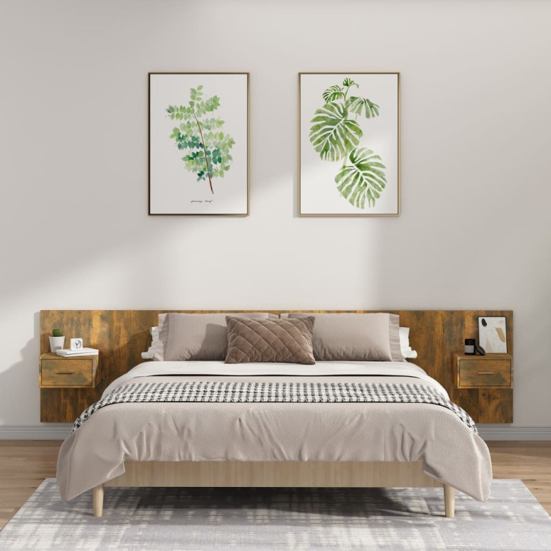 vidaXL Cabecero de cama y mesitas madera contrachapada roble ahumado vidaXL Cabecero de cama y mesitas madera contrachapada roble ahumado
