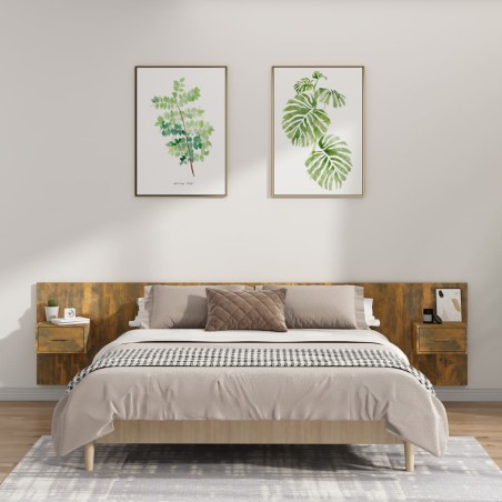 vidaXL Cabecero de cama y mesitas madera contrachapada roble ahumado