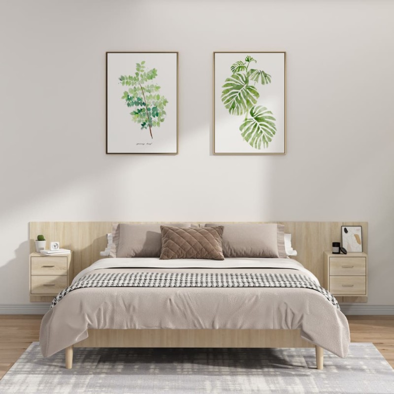 vidaXL Cabecero de cama con mesitas madera contrachapada roble Sonoma vidaXL Cabecero de cama con mesitas madera contrachapada roble Sonoma