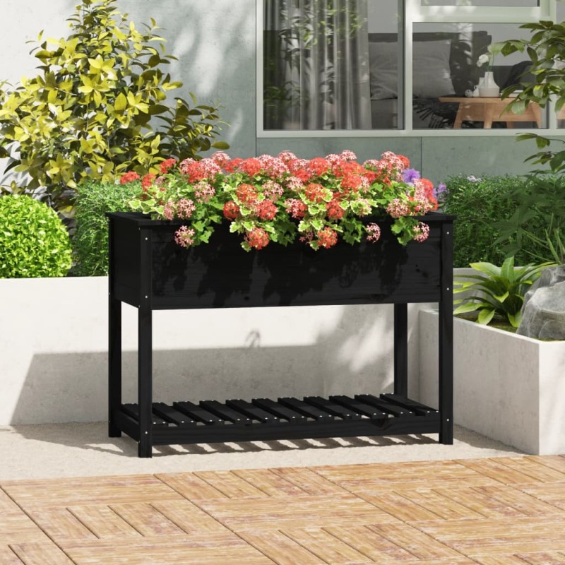vidaXL Jardinera con estante madera maciza pino negra 111,5x54x81 cm vidaXL Jardinera con estante madera maciza pino negra 111,5x54x81 cm