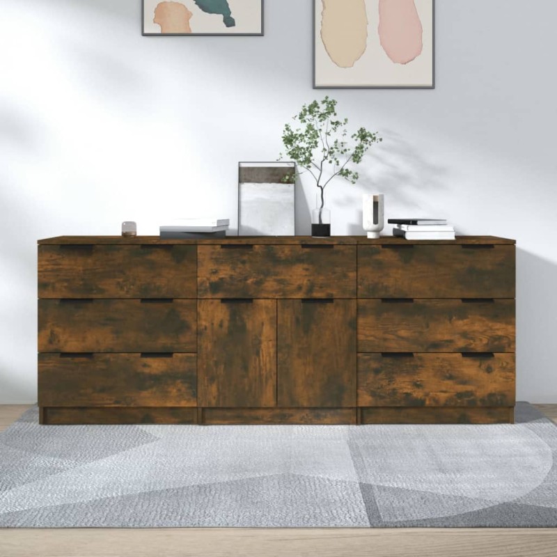 vidaXL Aparador de 3 piezas madera contrachapada color roble ahumado vidaXL Aparador de 3 piezas madera contrachapada color roble ahumado