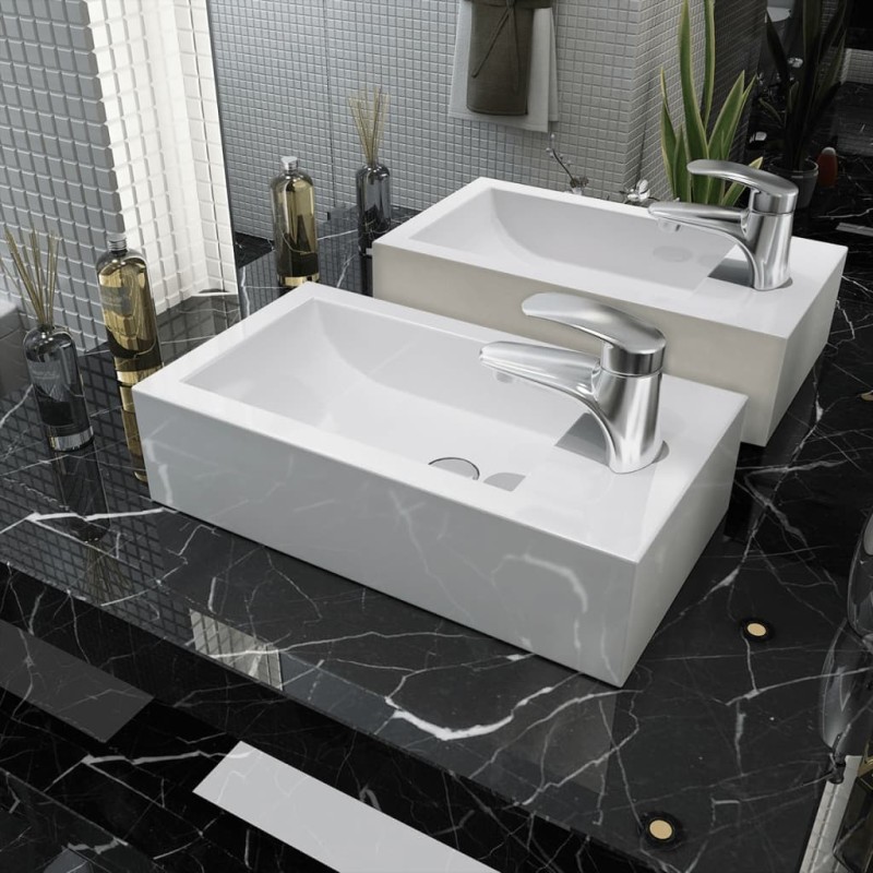 vidaXL Lavabo con agujero grifo rectangular cerámica 46x25,5x12 blanco vidaXL Lavabo con agujero grifo rectangular cerámica 46x25,5x12 blanco