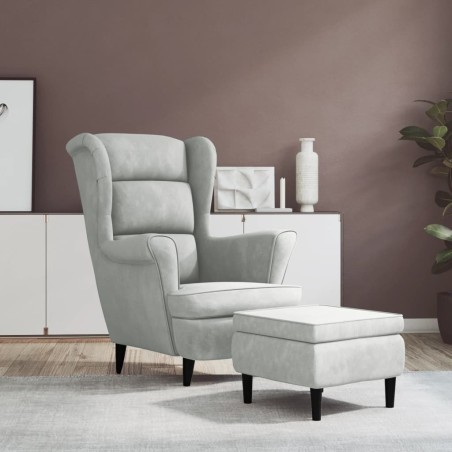 vidaXL Sillón orejero y taburete de terciopelo gris claro