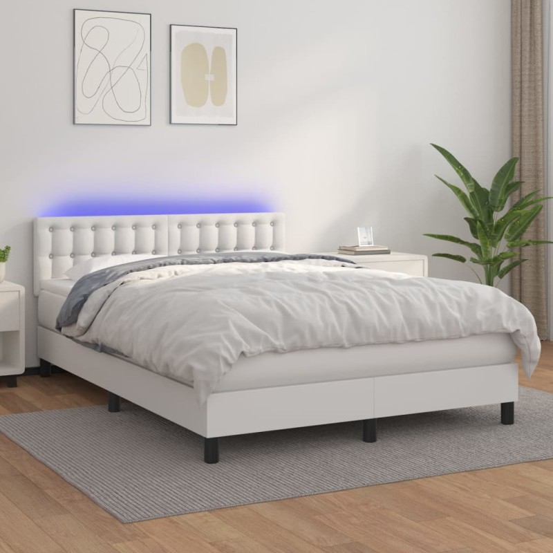 vidaXL Cama box spring colchón y LED cuero sintético blanco 140x200 cm vidaXL Cama box spring colchón y LED cuero sintético blanco 140x200 cm