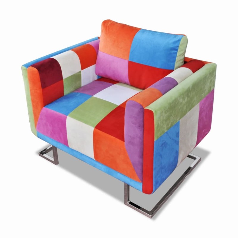 vidaXL Sillón con diseño de cubo de retales de tejido con patas cromadas vidaXL Sillón con diseño de cubo de retales de tejido con patas cromadas