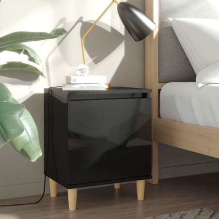 vidaXL Mesita noche con patas madera pino negro brillante 40x30x50 cm