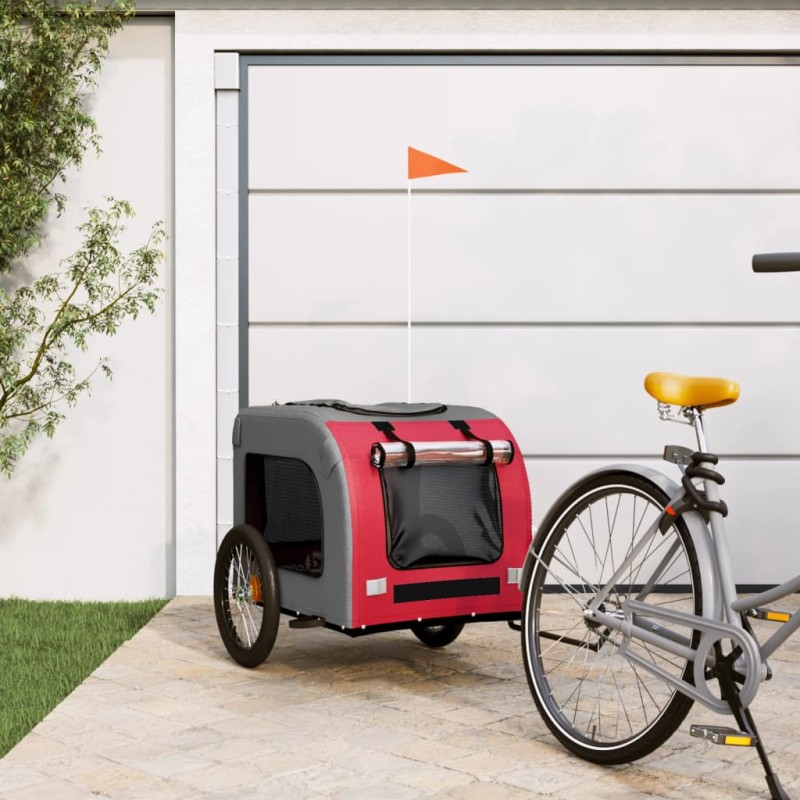 vidaXL Remolque de bicicleta mascotas hierro tela Oxford rojo gris vidaXL Remolque de bicicleta mascotas hierro tela Oxford rojo gris