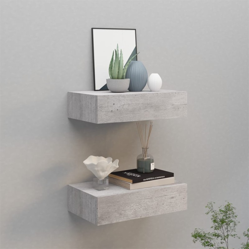 vidaXL Estante de pared con cajón 2 uds MDF gris hormigón 40x23,5x10cm vidaXL Estante de pared con cajón 2 uds MDF gris hormigón 40x23,5x10cm
